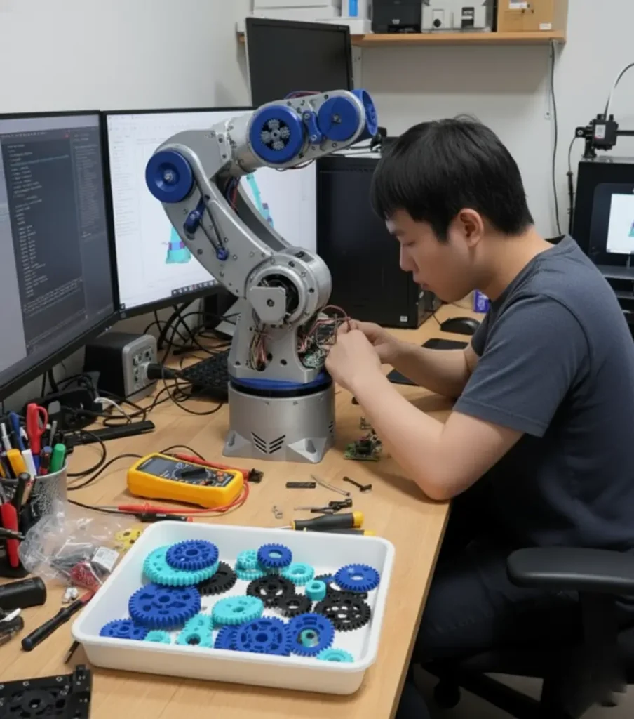 A builder working on an Arctos Robotic Arm, demonstrating how beginners can make a robot at home